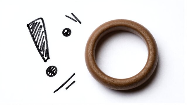 Brown ring beside hand-drawn exclamation mark and sound effects on white background.