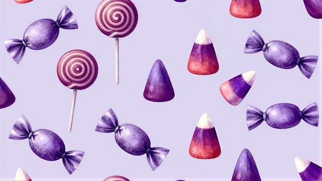 Purple lollipops and candy wrappers float whimsically against a soft lavender background.