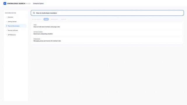 Clean user interface screen showing a digital knowledge search portal with category navigation tabs for an enterprise support system documentation