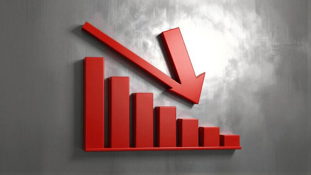 Red bar graph with downward arrow symbolizes declining trends or negative performance.