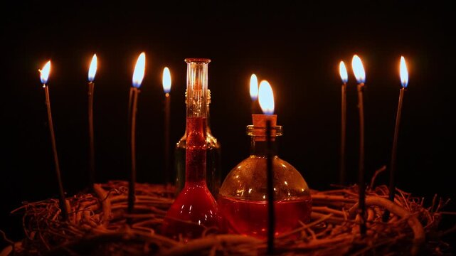 Potion vials surrounded with black magic candles and forest twigs on black background in slow motion. Flames flickering on the wicks. Halloween witchcraft alchemy and spiritual healing occultism.