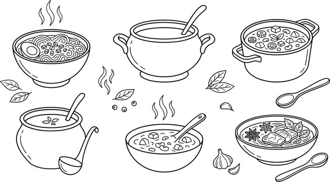 Hot soup and ramen bowl line art vector illustration icon set with cooking pots ladles spoons and herbs