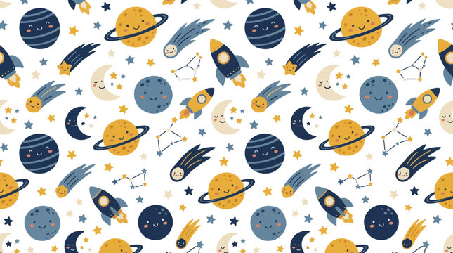 Cute Space Pattern: Planets, Rockets, Stars & Moons on Transparent Background