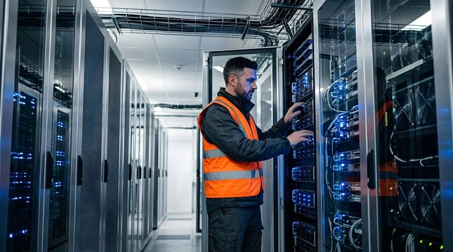 Professional technician maintaining server hardware in data center