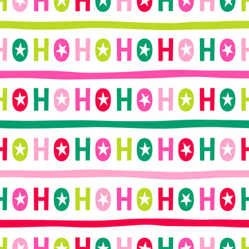 Colorful hand drawn letters with star seamless striped pattern design for Christmas and new year background. Santa claus laughs "HO HO HO".