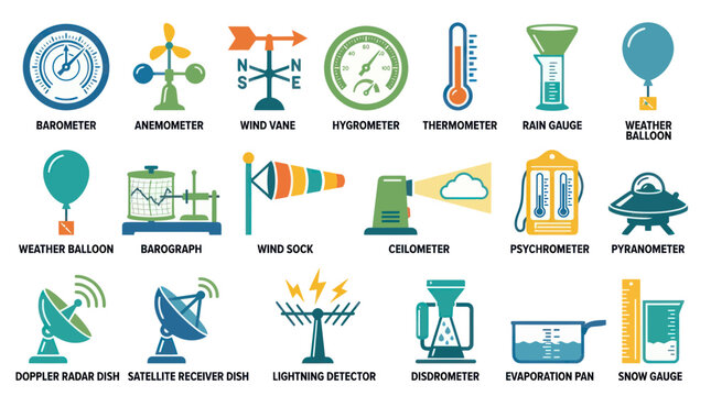 Flat Style Icons Set of Meteorology Weather Science Instruments
