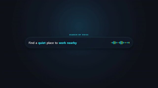 Digital voice search interface displaying text input and animated sound frequency bars on a dark background for futuristic user interaction