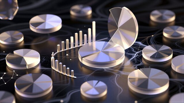 Abstract data visualization with metallic charts and glowing network connections.
