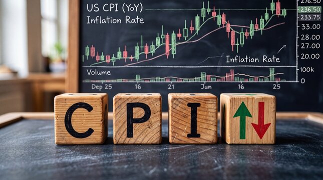 Wooden Blocks Spelling CPI in Front of Inflation Rate Stock Market Bar