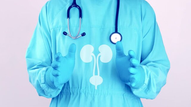 Doctor in light blue surgical scrubs presents a female urinary system icon, symbol of renal health, urological health awareness and early disease prevention