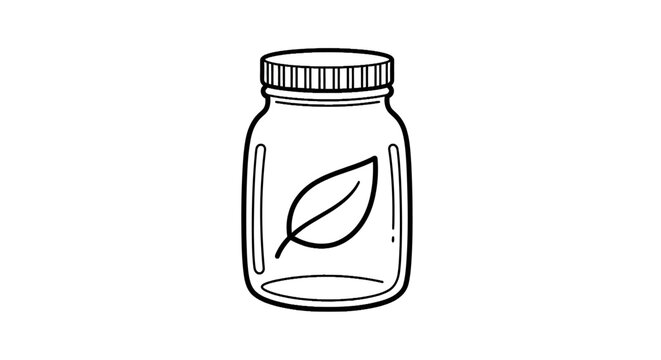 Glass jar with leaf inside.