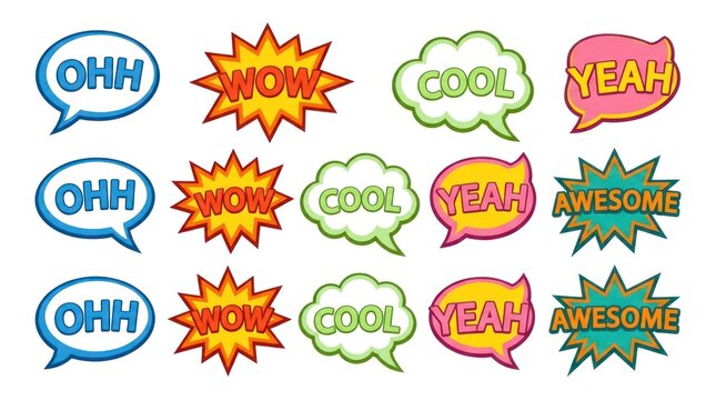 Collection of colorful comic book speech bubbles.