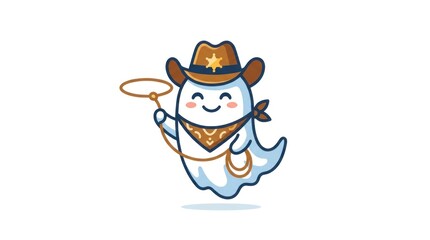 Obraz premium Cute cartoon ghost wearing cowboy hat holding rope lasso.