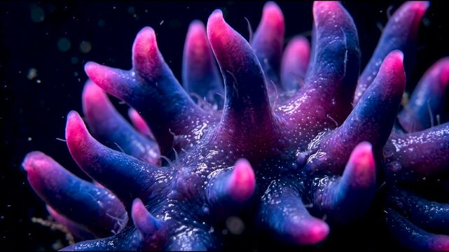Macro close-up of a colorful nudibranch sea slug with vibrant purple and pink glowing tentacles, deep sea marine life and underwater biology concept video