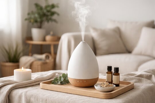 An essential oil diffuser releases steam from a wooden tray. It is set in a calm, living room with a lit candle nearby. relaxation and wellness