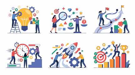 Fototapeta premium Business professionals working together on diverse strategic tasks in this colorful flat vector graphic set design