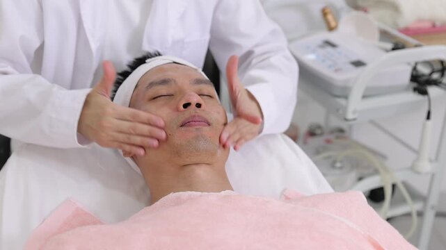 Asian man receiving facial massage treatment at beauty clinic. Beautician hands performing a rejuvenating face massage on a male client. Relaxing skincare procedure for men at a wellness spa.