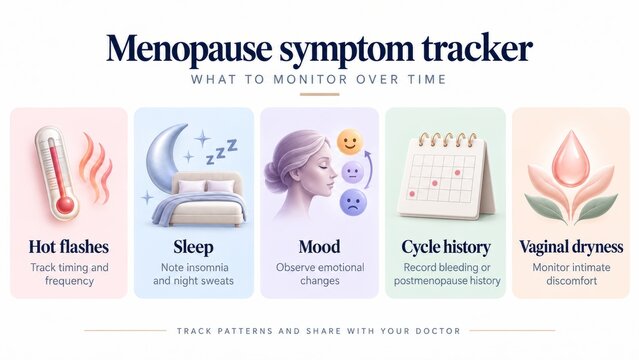Menopause symptom tracker infographic with cards showing hot flashes, sleep, mood, cycle history and dryness. Soft pastel icons explain what to monitor over time