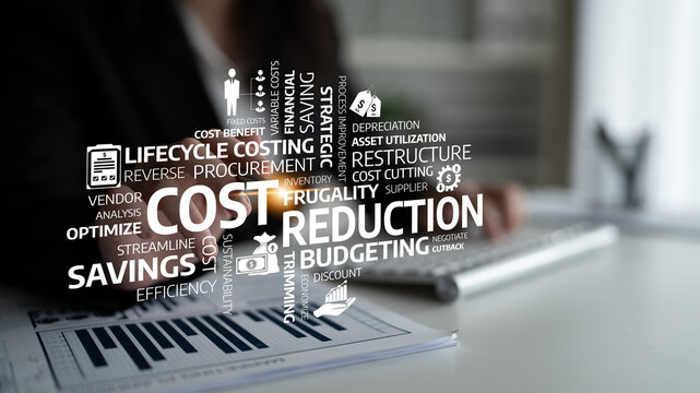 A businessman reviews financial reports with a creative word cloud demonstrating cost reduction, budgeting, and savings, symbolizing strategic business concepts in a modern office environment. Tessel