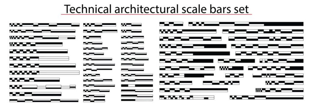 Architectural scale bar vector set, metric rulers and ratio guides from 1:50 to 1:5000 for CAD, blueprints, engineering drawings, site plans and maps