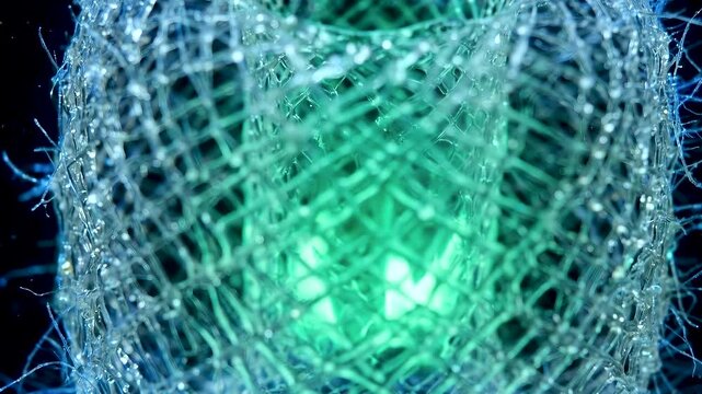 Macro close-up of a glowing translucent glass sponge with a bioluminescent neon green core, intricate lattice mesh, deep sea marine life and abstract underwater nature concept