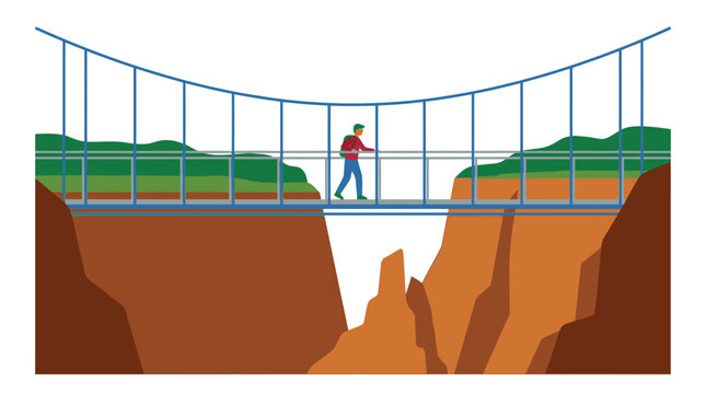 Man crossing suspension bridge over a deep canyon, adventure, travel, exploration