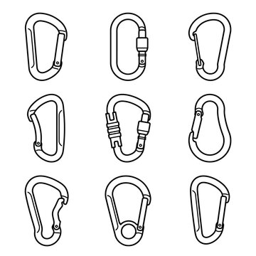 Set of Carabiner Icons and Symbols in Outline Style for Climbing and Safety