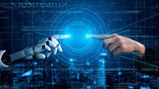 A captivating image depicting the poignant moment of a human and robot touching fingertips. This visual symbolizes the evolving relationship between technology and humanity. Xenic