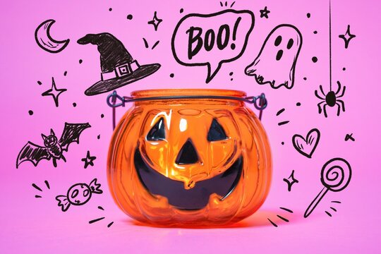 An orange glass pumpkin shaped jar with a carved smiling face stands on a pink background surrounded by hand drawn doodles of a ghost, bat, spider, witch hat and lollipop, a playful concept of.