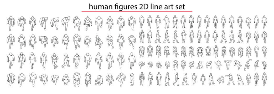 Top view architectural human figures for CAD floor plans, realistic people in standing, sitting, bending and walking poses for scale, interior, landscape and site plan design