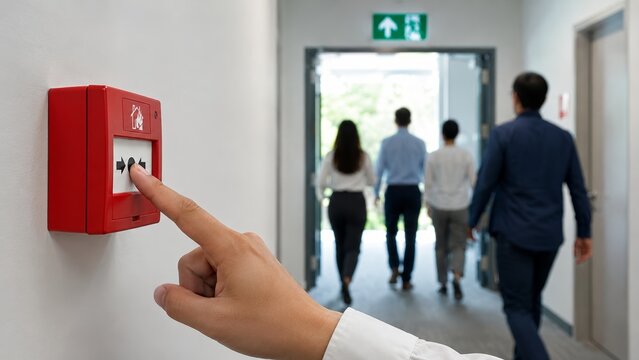 Hand of man pressing red fire alarm button on wall while people walking to emergency exit in office corridor. Emergency evacuation
