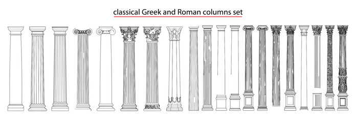 Obraz premium Classical Greek and Roman columns, Doric, Ionic, Corinthian and Composite architectural line drawings for historic buildings, CAD elevations and restoration design