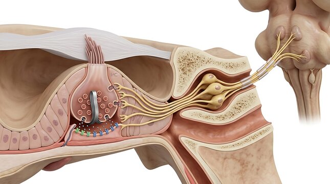 Microscopic medical illustration of a single auditory hair cell showing the synaptic connection and neurotransmitter release to the auditory nerve fiber on white background