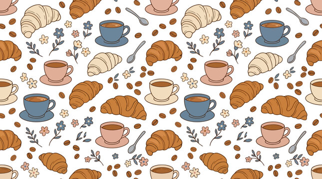 Seamless Pattern: Croissants, Coffee Cups, and Flowers - Morning Breakfast Background