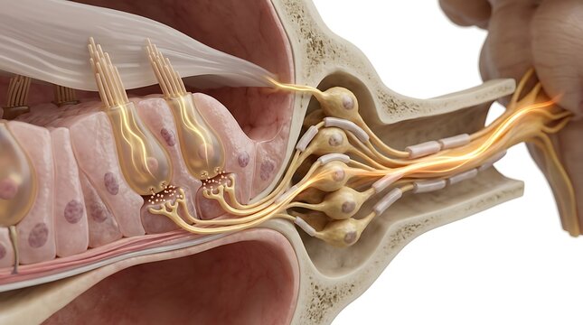 Detailed 3D render of auditory hair cells and the myelinated nerve fibers of the auditory nerve conducting signals from the cochlea to the brain on white background