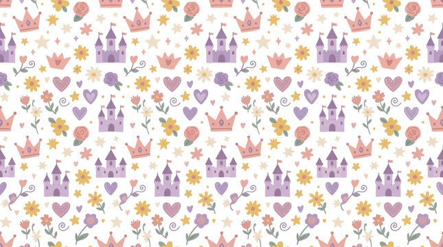 Seamless Pattern: Cute Princess Castles, Crowns, Hearts, and Flowers on White Background