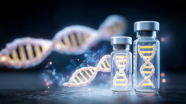 DNA double helices displayed inside laboratory vials represent genetic research biotechnology and personalized medical treatment.
