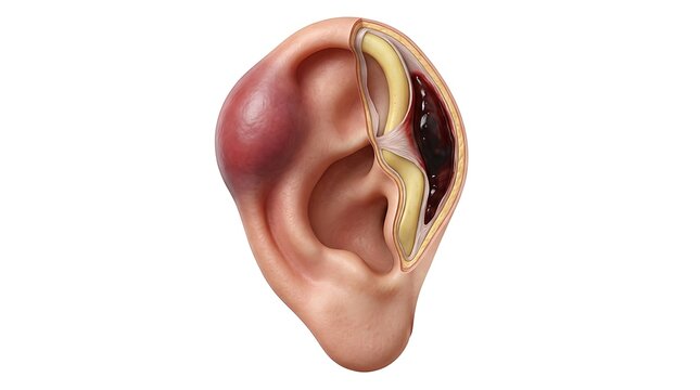 Medical illustration of an auricular hematoma showing a cross section of the human ear with a blood collection between the perichondrium and the auricular cartilage on white background