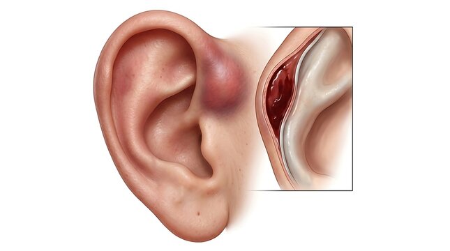 Medical diagram of an auricular hematoma featuring an external view of a swollen ear and a detailed inset showing the internal blood accumulation within the ear tissue on white
