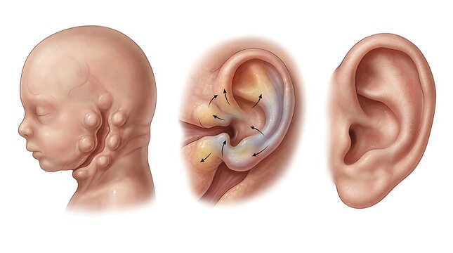 Embryological development of the human ear showing the transition from auricular hillocks to a fully formed auricle in a series of medical illustrations of a fetal head profile