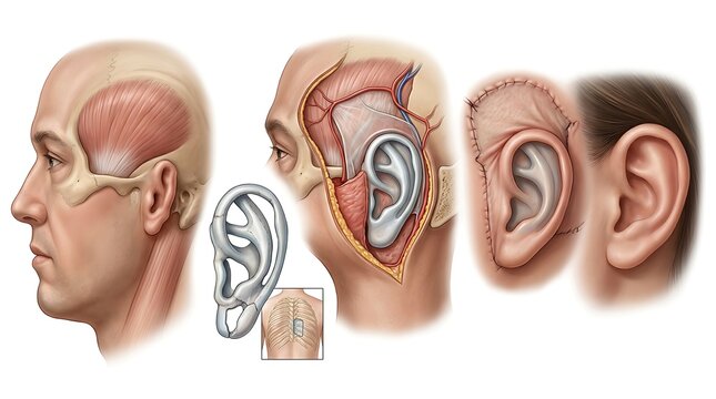 Step by step medical illustration of auricular reconstruction using costal cartilage grafts from the ribs to create a new human ear structure with various surgical stages