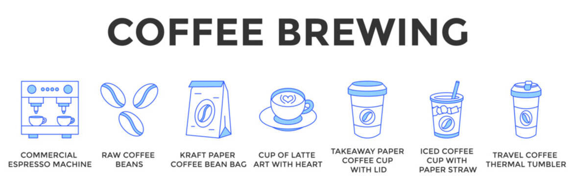 Coffee Brewing  Banner Web  Icon Set Collection Pack Vector Illustration Concept Containing Brew And Serve Premium Coffee With Professional Caf� Essentials