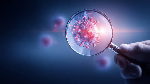 A magnifying glass reveals a virus particle representing infection detection medical research and infectious disease analysis.
