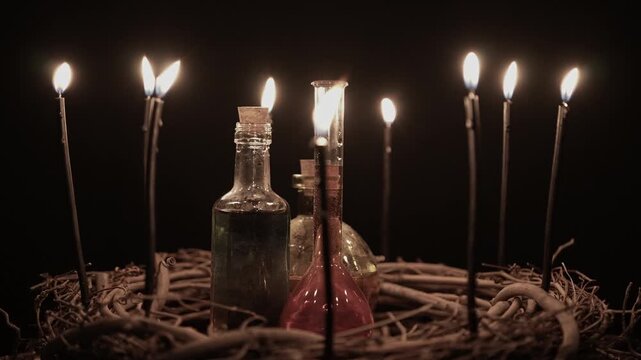 Occult and esoteric witchcraft doctor background with potion vials. Halloween background with magic objects. Black candles with fire flares on the wicks and potions vials. Mystic witchery ceremony.