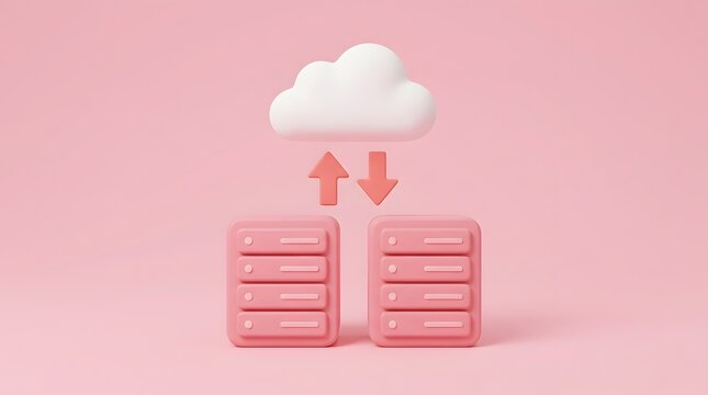 Cloud computing and data storage concept 3D render with server racks and upload download arrows on pink background
