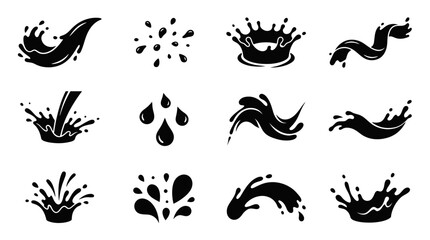 Fototapeta premium Dynamic collection of black water splashes and drops in various forms.