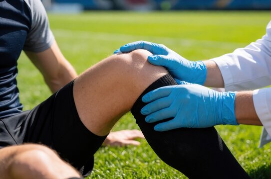 A medic in blue gloves examines a soccer player's injured knee on a bright grassy field.