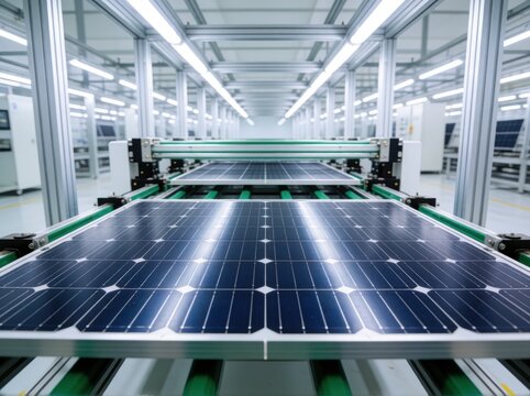 A view of a modern automated solar panel production line inside a clean, brightly lit factory hall.