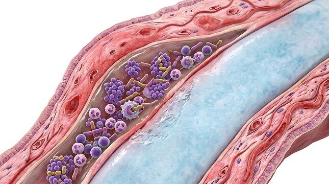 3D medical illustration of a nasal cavity cross section showing bacterial infection with purple and gold microbe clusters and white blood cells fighting pathogens in the mucosal lining