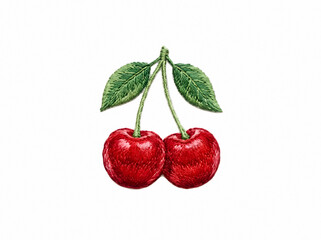 Obraz premium Two red cherries with green stems and leaves on white background